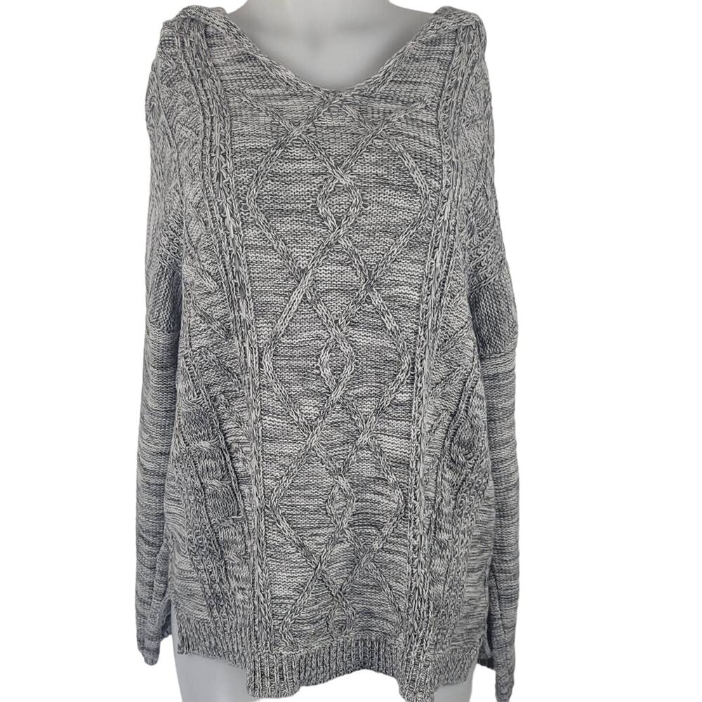 Soft Surroundings Heathered Gray Semi Open Knit V-Neck Hooded Sweater M